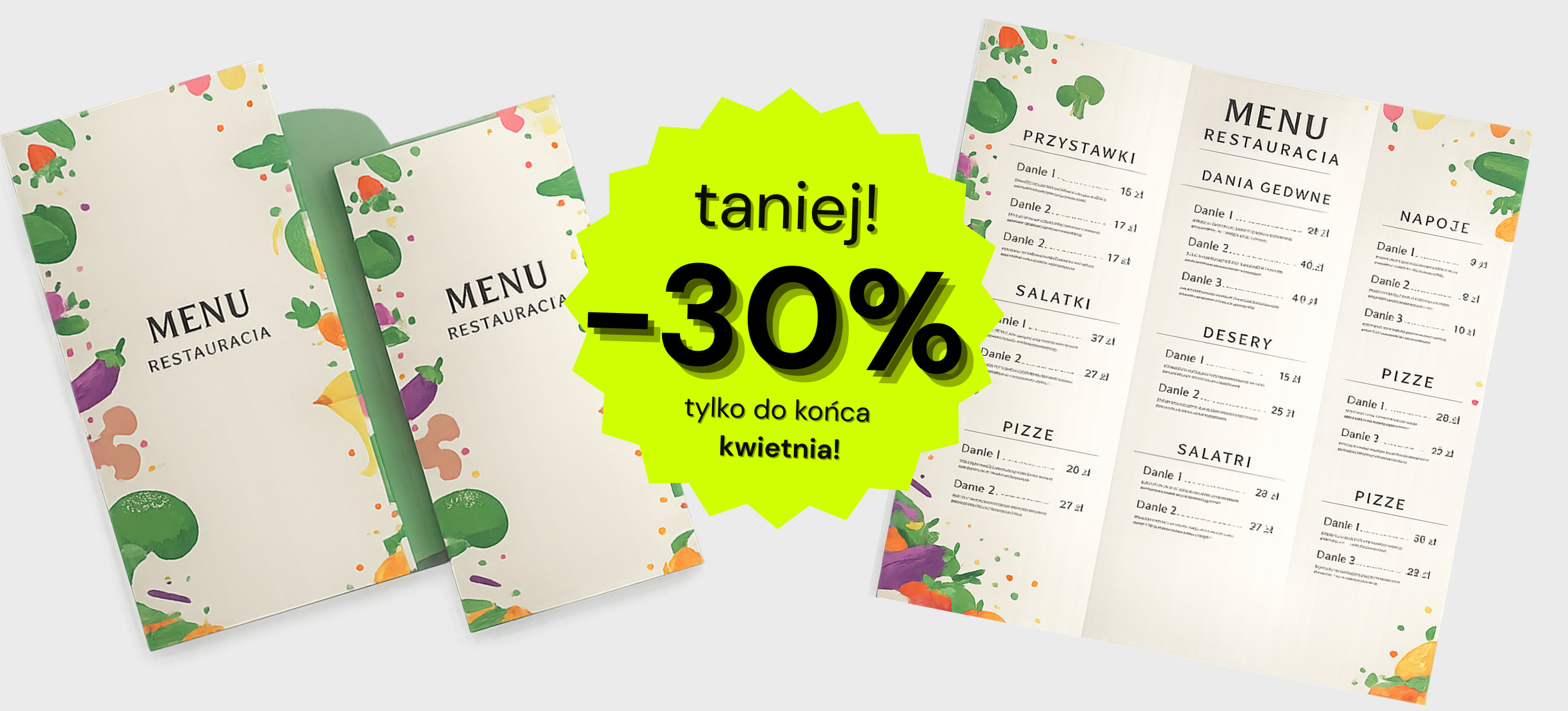 <h1 class="bg-color" data-color="#ebebeb">Menu, które się opłaca – aż -30%!</h1>
<p>Zapraszamy do zapoznania się z naszą promocją na menu.<br data-start="254" data-end="257">
Na wybrane produkty przygotowaliśmy rabat aż <strong data-start="299" data-end="307">-30%</strong>.</p><p><br></p>